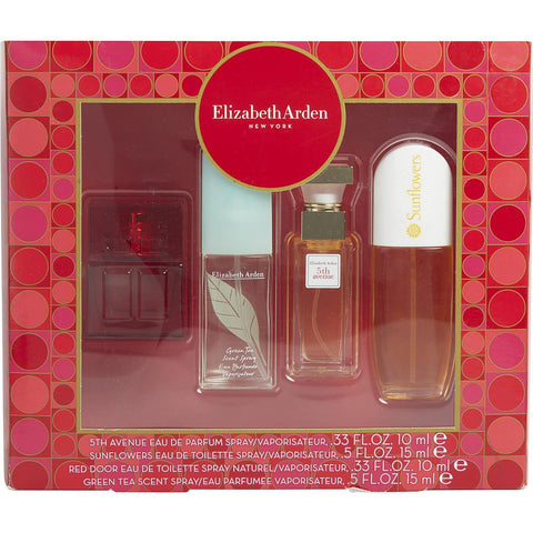 ELIZABETH ARDEN VARIETY by Elizabeth Arden 4 PIECES MINI VARIETY WITH GREEN TEA EDP SPRAY 0.5 OZ & RED DOOR EDT SPRAY 0.33 OZ (100TH ANNIVERSARY EDITION BOTTLE) & FIFTH AVENUE EDP SPRAY 0.33 OZ & SUNFLOWERS EDT SPRAY 0.5 OZ