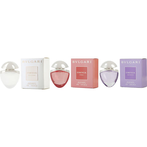 BVLGARI OMNIA VARIETY by Bvlgari 3 PIECE WOMENS MINI VARIETY WITH OMNIA CRYSTALLINE & OMNIA AMETHYSTE & OMNIA CORAL AND ALL ARE EDT SPRAYS 0.5 OZ