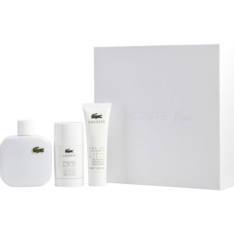 LACOSTE EAU DE LACOSTE L.12.12 BLANC by Lacoste PURE EDT SPRAY 3.3 OZ & DEODORANT STICK 2.4 OZ & SHOWER GEL 1.6 OZ