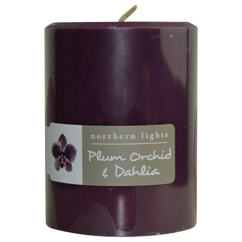 PLUM ORCHID & DAHLIA by ONE 3x4 inch PILLAR CANDLE. BURNS APPROX. 80 HRS.