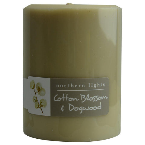 COTTON BLOSSOM & DOGWOOD by ONE 3x4 inch PILLAR CANDLE. BURNS APPROX. 80 HRS.
