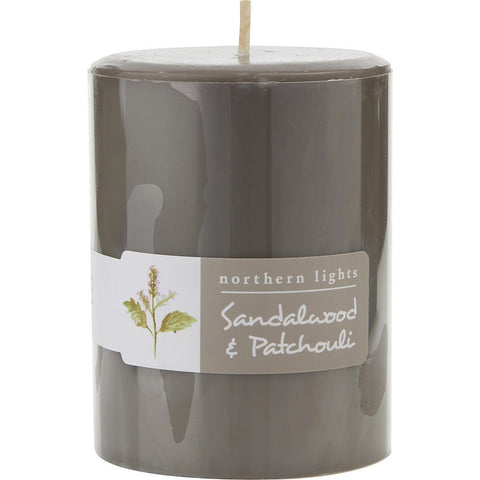 SANDALWOOD & PATCHOULI by ONE 3x4 inch PILLAR CANDLE. BURNS APPROX. 80 HRS.