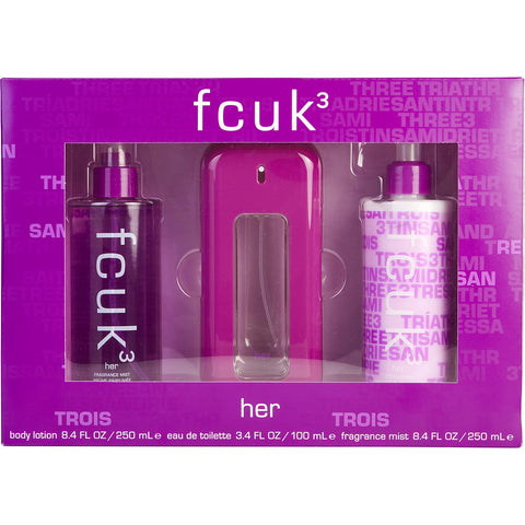 FCUK 3 by French Connection EDT SPRAY 3.4 OZ & BODY LOTION 8.4 OZ & FRAGRANCE MIST 8.4 OZ