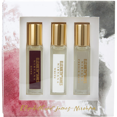 NIRVANA VARIETY by Elizabeth and James 3 PIECE WITH NIRVANA ROSE & NIRVANA WHITE & NIRVANA FRENCH GREY AND ALL ARE EAU DE PARFUM ROLLERBALL 0.24 OZ MINI