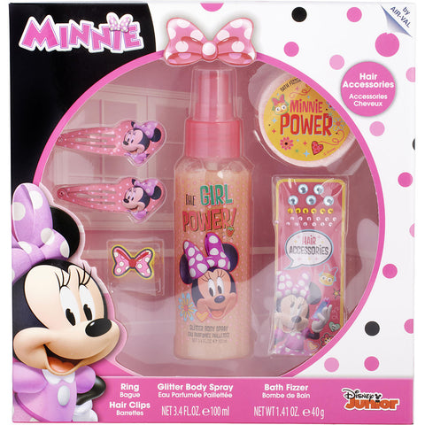 MINNIE MOUSE by Disney SHIMMER BODY SPRAY 3.4 OZ & BATH FIZZER & RING & HAIR GEMS & HAIR CLIPS