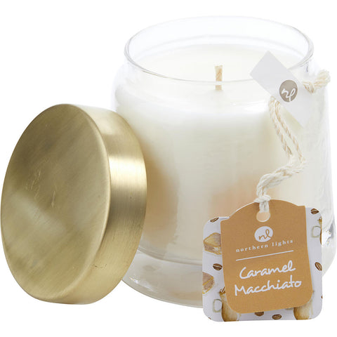 CARAMEL MACCHIATO by SCENTED SOY GLASS CANDLE 10 OZ. COMBINES ESPRESSO BEANS