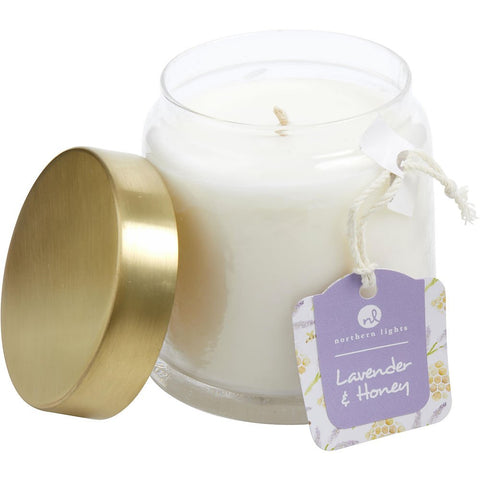 LAVENDER & HONEY by SCENTED SOY GLASS CANDLE 10 OZ. COMBINES LAVENDER INFUSED HONEY & CRUSHED CHAMOMILE