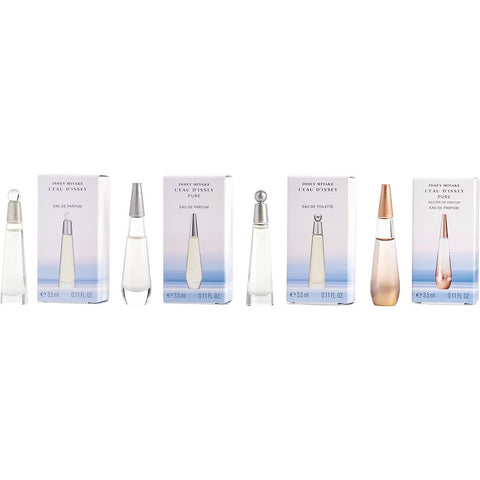 L'EAU D'ISSEY VARIETY by Issey Miyake 4 PIECE WOMENS MINI VARIETY WITH L'EAU D'ISSEY EDT & L'EAU D'ISSEY EAU DE PARFUM & L'EAU D'ISSEY PURE & L'EAU D'ISSEY PURE NECTAR AND ALL ARE 0.11 OZ MINIS