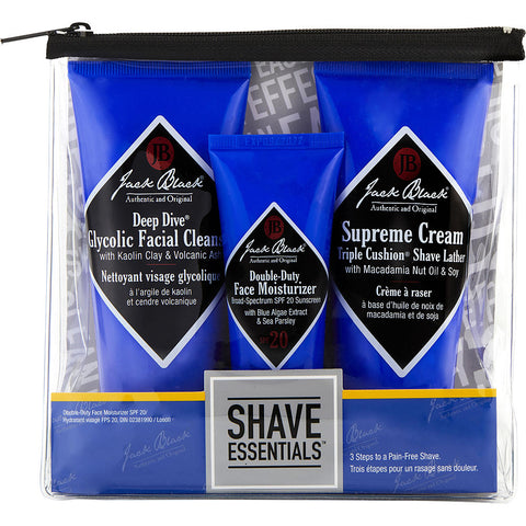 Jack Black by Jack Black Shave Essentials Set: Deep Dive 3 oz + Supreme Cream Triple Cushion Shave Lather 2.6 oz + Double-Duty Face Moisturizer SPF 20 1.5 oz 3 pcs