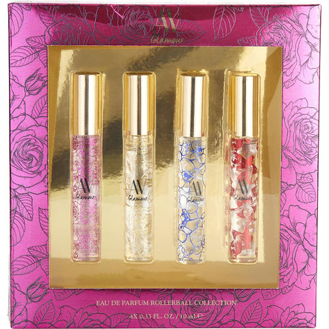 AV GLAMOUR VARIETY by Adrienne Vittadini 4 PIECE WOMENS MINI VARIETY WITH CHARMING & ENCHANTING & PASSIONATE & SPIRITED AND ALL EAU DE PARFUM ROLLERBALL 0.33 OZ MINI