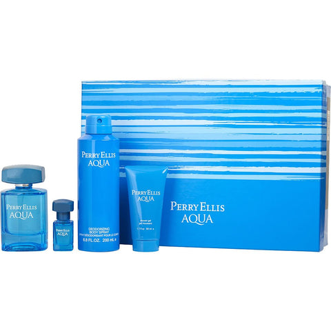 PERRY ELLIS AQUA by Perry Ellis EDT SPRAY 3.4 OZ & BODY SPRAY 6.8 OZ & SHOWER GEL 1.7 OZ & EDT SPRAY .25 MINI