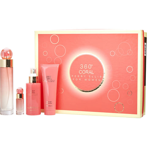 PERRY ELLIS 360 CORAL by Perry Ellis EAU DE PARFUM SPRAY 3.4 OZ & BODY MIST 4 OZ & SHOWER GEL 3 OZ & EAU DE PARFUM SPRAY 0.25 OZ MINI