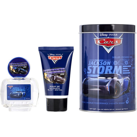 CARS JACKSON STORM by Air Val International EDT SPRAY 1.7 OZ & SHOWER GEL 2.5 OZ & TIN CAN