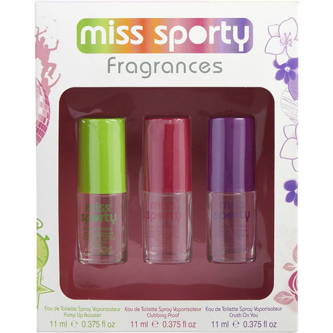 MISS SPORTY LOVE 2 LOVE VARIETY by Coty PUMP UP BOOSTER & CLUBBING PROOF & CRUSH ON YOU AND ALL ARE EDT SPRAY 0.37 OZ MINI