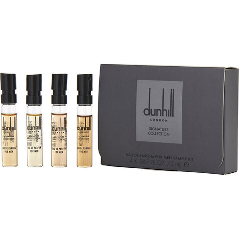 DUNHILL VARIETY by Alfred Dunhill 4 PIECE MENS MINI VARIETY WITH INDIAN SANDALWOOD & MOROCCAN AMBER & BRITISH LEATHER & ARABIAN DESERT AND ALL ARE EAU DE PARFUM SPRAY 0.06 OZ MINIS