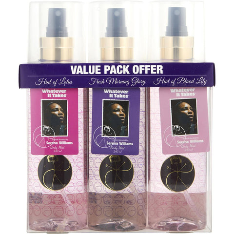 WHATEVER IT TAKES SERENA WILLIAMS VARIETY by Whatever It Takes 3 PIECE VARIETY WITH FRESH MORNING GLORY & HINT OF LOTUS & HINT OF BLOOD LILY AND ALL ARE BODY MIST 8 OZ