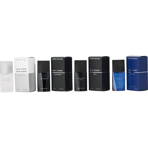 L'EAU D'ISSEY VARIETY by Issey Miyake 4 PIECE MEN MINI VARIETY WITH L'EAU D'ISSEY & L'EAU D'ISSEY POUR HOMME EDT & NUIT D'ISSEY EDT & NUIT D'ISSEY EAU PARFUM & NUIT D'ISSEY BLEU ASTRAL AND ALL ARE 0.25 OZ