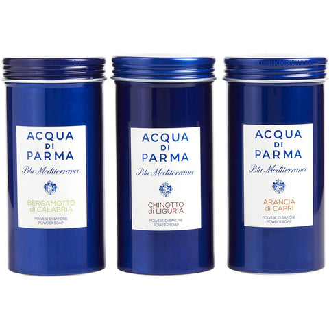 ACQUA DI PARMA BLUE MEDITERRANEO VARIETY by Acqua di Parma 3 PIECE VARIETY WITH ARANCIA DI CAPRI & CHINOTTO DI LIGURIA & BERGAMOTTO DI CALABRIA AND ALL ARE POWDER SOAP 2.5 OZ