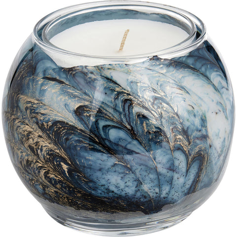 JUNIPER MINT CANDLE GLOBE by THE INSIDE OF THIS 4 in POLISHED GLOBE IS PAINTED WITH WAX TO CREATE SWIRLS OF GOLD AND RICH HUES AND COMES IN A SATIN COVERED GIFT BOX. CANDLE IS FILLED WITH A TRANSLUCENT WAX AND SCENTED WITH MYSTERIA. BURNS APPROX. 50 HRS