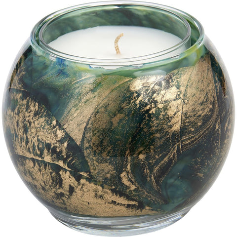 EVERGREEN FOREST CANDLE GLOBE by THE INSIDE OF THIS 4 in POLISHED GLOBE IS PAINTED WITH WAX TO CREATE SWIRLS OF GOLD AND RICH HUES AND COMES IN A SATIN COVERED GIFT BOX. CANDLE IS FILLED WITH A TRANSLUCENT WAX. BURNS APPROX. 50 HRS