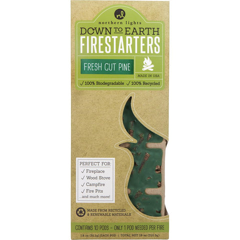 FRESH CUT PINE FIRESTARTERS by DOWN TO EARTH FIRESTARTERS FRAGRANCED COLORED WAX COMBINED WITH RECYCLED AND RENEWABLE MATERIAL. BOX CONTAINS 10X1.8 OZ EACH TEARAWAY PODS