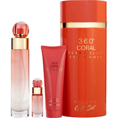 PERRY ELLIS 360 CORAL by Perry Ellis EAU DE PARFUM SPRAY 3.4 OZ & SHOWER GEL 3 OZ & EAU DE PARFUM SPRAY 0.25 OZ MINI