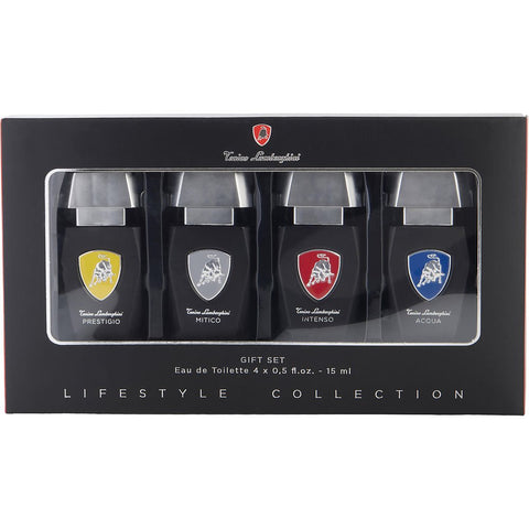 LAMBORGHINI VARIETY by Tonino Lamborghini 4 PIECE VARIETY WITH PRESTIGIO & MITICO & INTENSO & ACQUA AND ALL ARE EDT 0.5 OZ