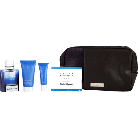 ACQUA ESSENZIALE BLU by Salvatore Ferragamo EDT SPRAY 1 OZ & AFTERSHAVE BALM 1 OZ & LIP BALM & POUCH