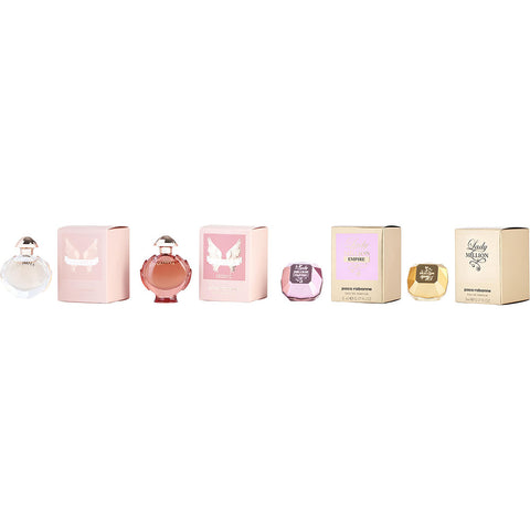 PACO RABANNE VARIETY by Paco Rabanne 4 PIECE WOMENS MINI VARIETY WITH OLYMPEA & LADY MILLION & LADY MILLION EMPIRE & OLYMPEA LEGEND AND ALL ARE EAU DE PARFUM SPRAY MINI