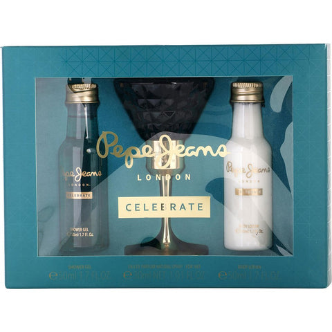 PEPE JEANS CELEBRATE by Pepe Jeans London EAU DE PARFUM SPRAY 1 OZ & BODY LOTION 1.7 OZ & SHOWER GEL 1.7 OZ