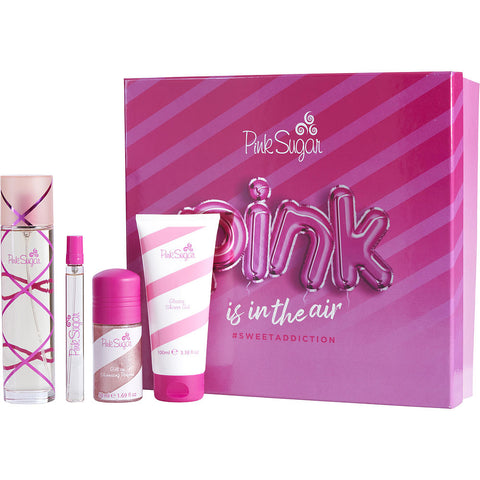 PINK SUGAR by Aquolina EDT SPRAY 3.4 OZ & SHIMMERING PERFUME ROLL-ON 1.7 OZ & SHOWER GEL 3.4 OZ & EDT SPRAY MINI 0.33 OZ